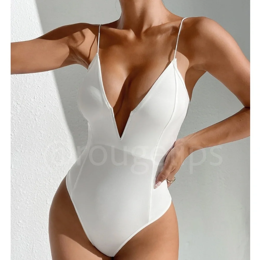 Plunging V Neck White Slim Fit Cami Bodysuit Stretchy - Picture 1 of 11